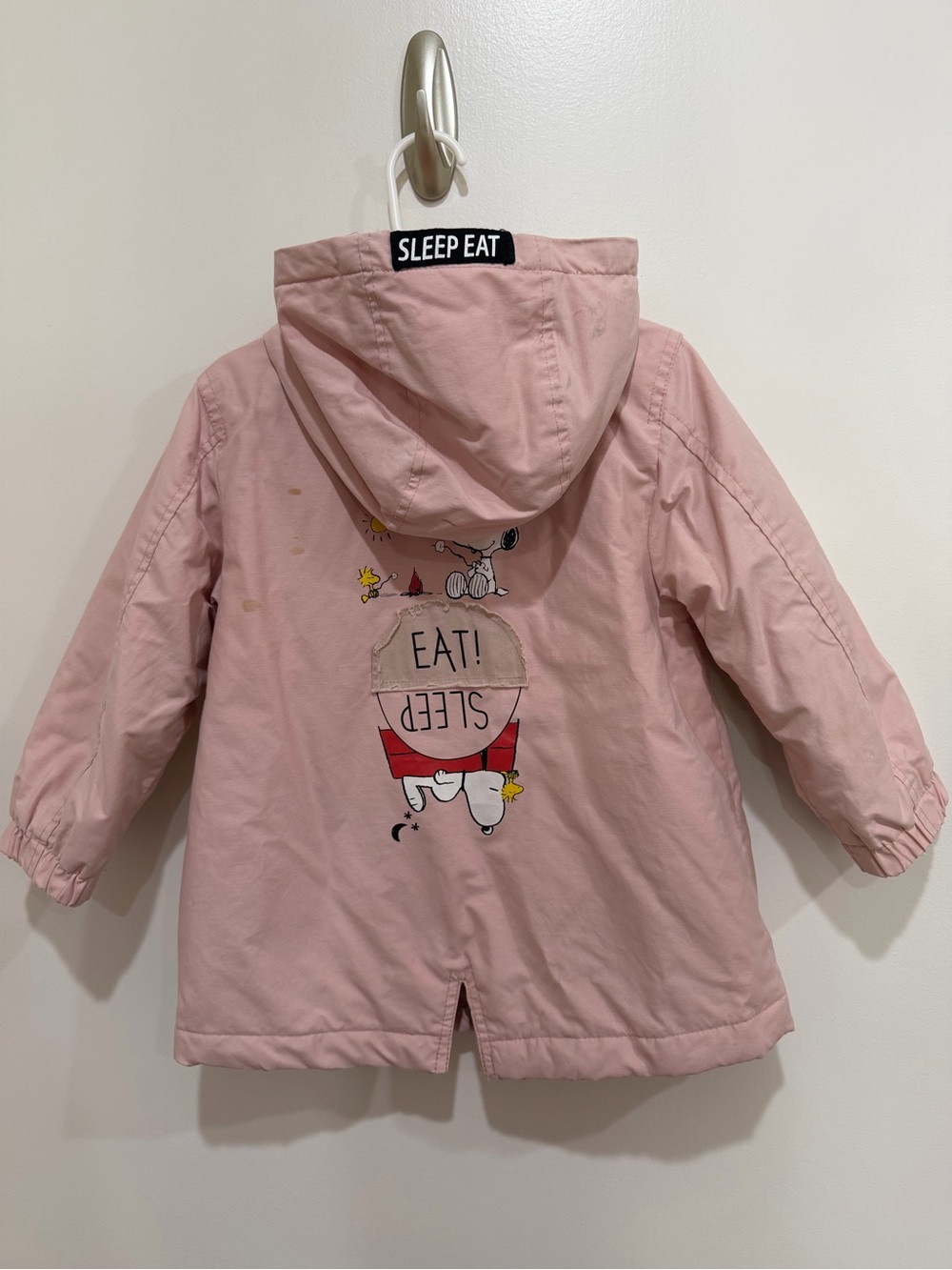 Zara Kids Pink Hooded Jacket with 'Sleep Eat' Snoopy Graphic
